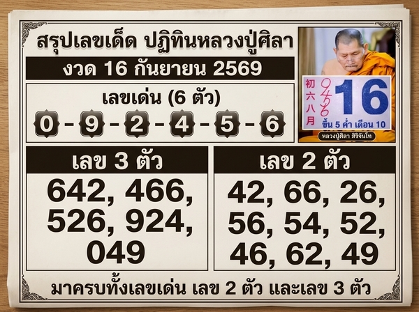 เลขเด็ด ปฏิทินหลวงปู่ศิลา 16 ก.ย. 69